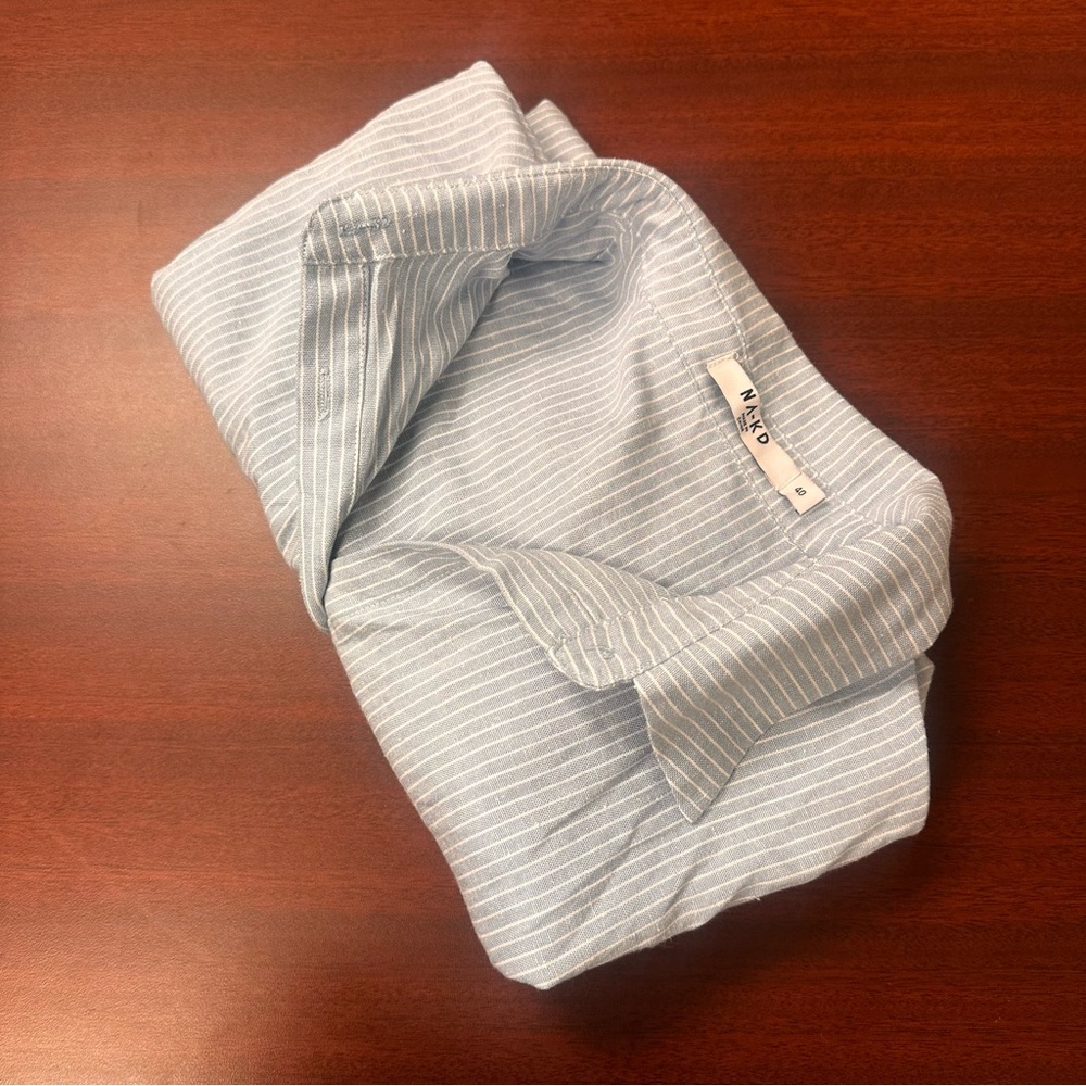 NA-KD Blue Striped Shirt L/S Linen Blend Womens size 40/Small Seersucker